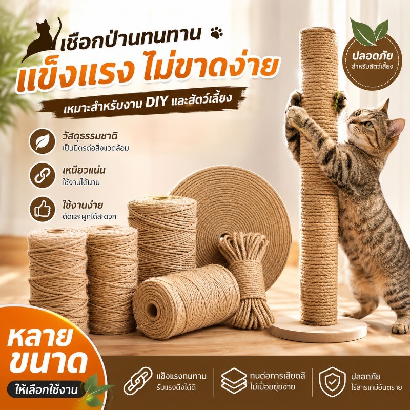 เชือกป่าน ขนาด6/8mm ยาว10/20/50m ที่ลับเล็บแมว เชือกป่านถักมือ diyตกแต่งโครงปีนแมว