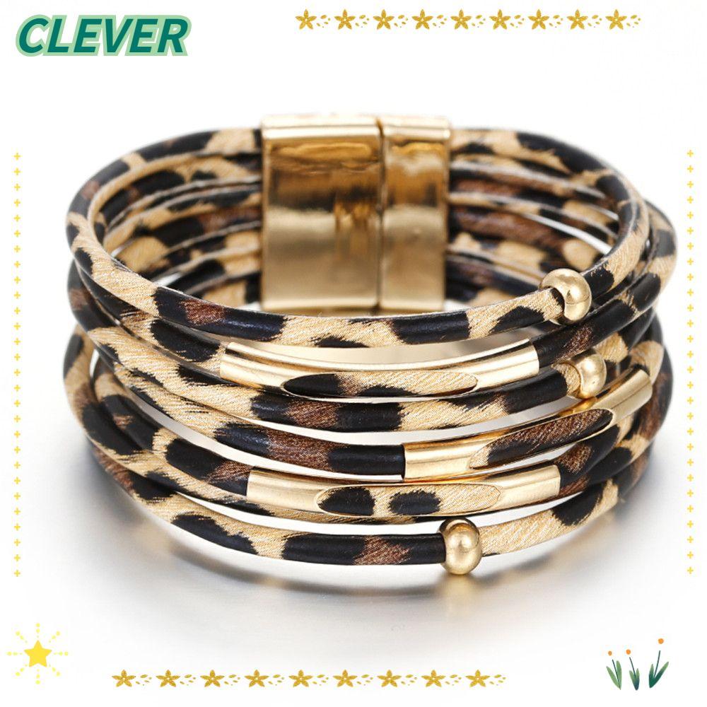 CLEVER กําไลข้อมือหนังเสือดาวเครื่องประดับหลายชั้นหรูหราสายรัดข้อมือกว้าง