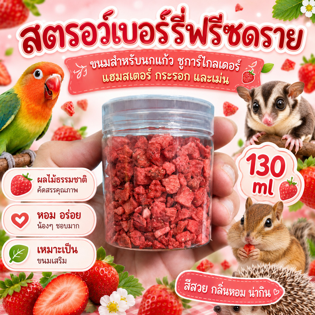 Hambit. สตรอว์เบอร์รี่ฟรีซดราย 130ml ขนมแฮมสเตอร์ ชูการ์ กระรอก กระต่าย เม่นแคระ ผลไม้อบแห้งแท้ 100%