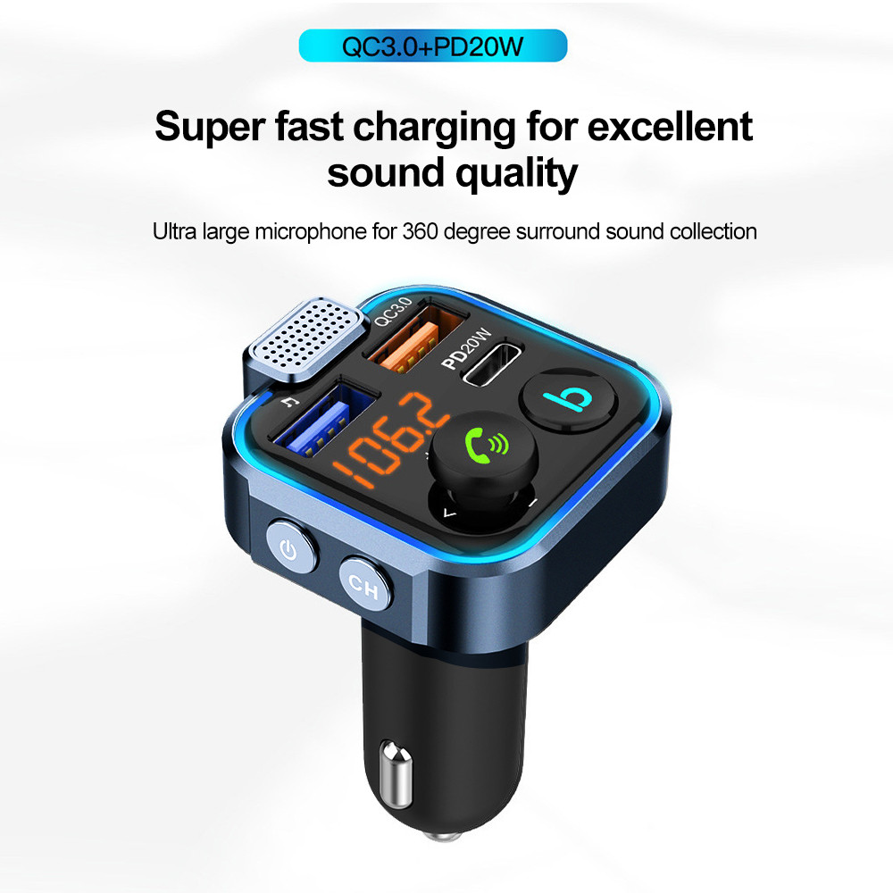 รถบลูทูธ 5.0 เครื่องส่งสัญญาณ FM เครื่องเล่น MP3 ในรถยนต์ไมโครโฟนขนาดใหญ่ QC3.0 PD20W Dual USB Fast Charger อุปกรณ์อิเล็กทรอนิกส์ในรถยนต์