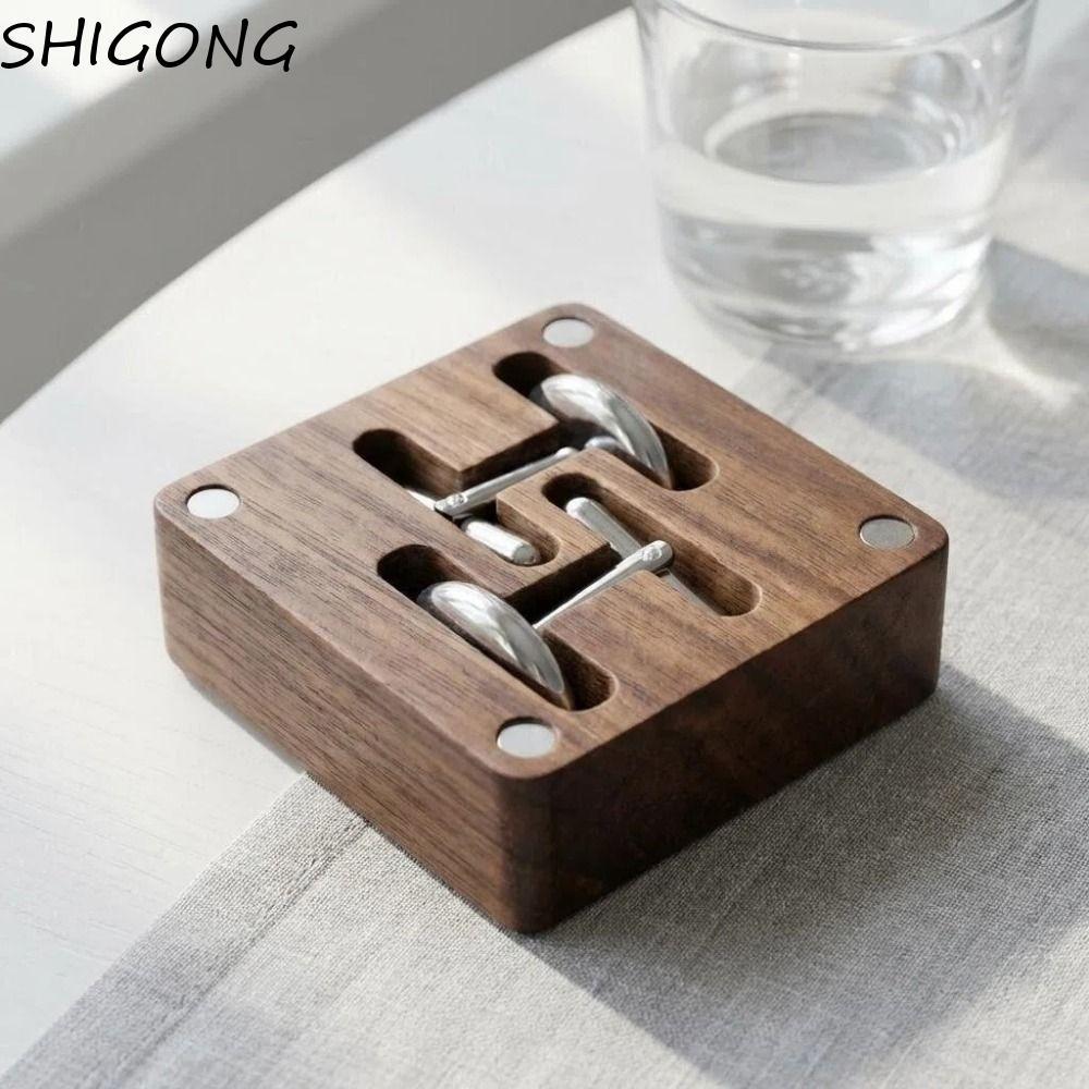SHIGONG วอลนัท Cufflink กล่อง, ส่วนบุคคล Flip-top Cufflink Organizer, ของขวัญสําหรับเขาประณีตแม่เหล็