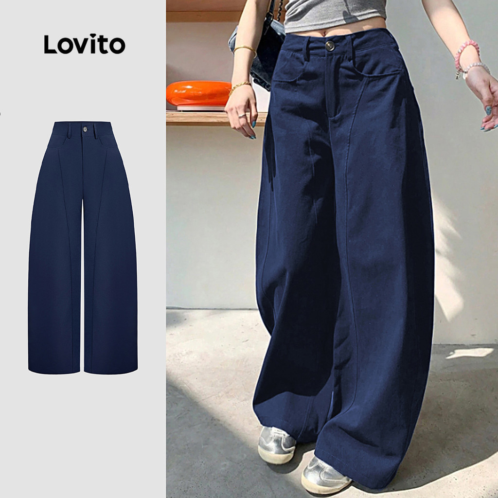 Lovito กางเกงขายาวลำลองทรงเข้ารูป มีกระเป๋า สีน้ำเงินเข้ม สำหรับผู้หญิง (ฤดูใบไม้ผลิ/ฤดูร้อน) เกาหลี อินเทรนด์ L166AD330