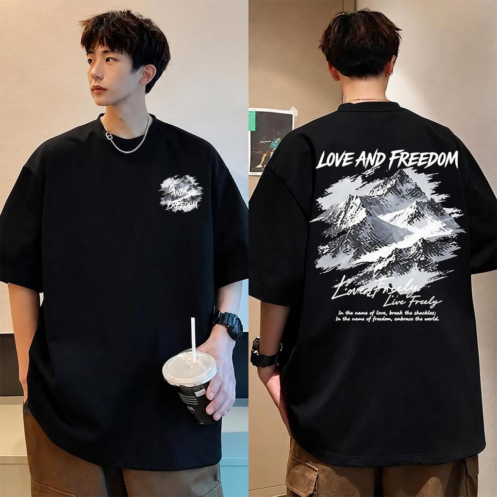 UT shop💥เสื้อยืดผ้าคอตตอน 100% “Love And Freedom” ทรง Oversize คอกลม แขนสั้น ผ้านุ่มสบาย ใส่ได้ทุกวั
