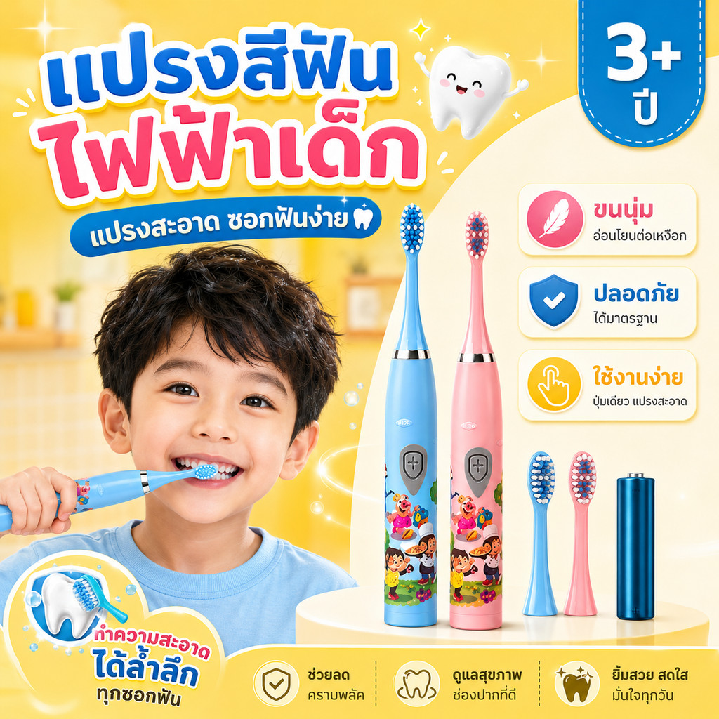 แปรงสีฟันไฟฟ้าสำหรับเด็ก สีสันสดใส น่ารัก ใช้งานง่าย มีให้เลือก2สี ชมพู ฟ้า เด็กๆชอบ
