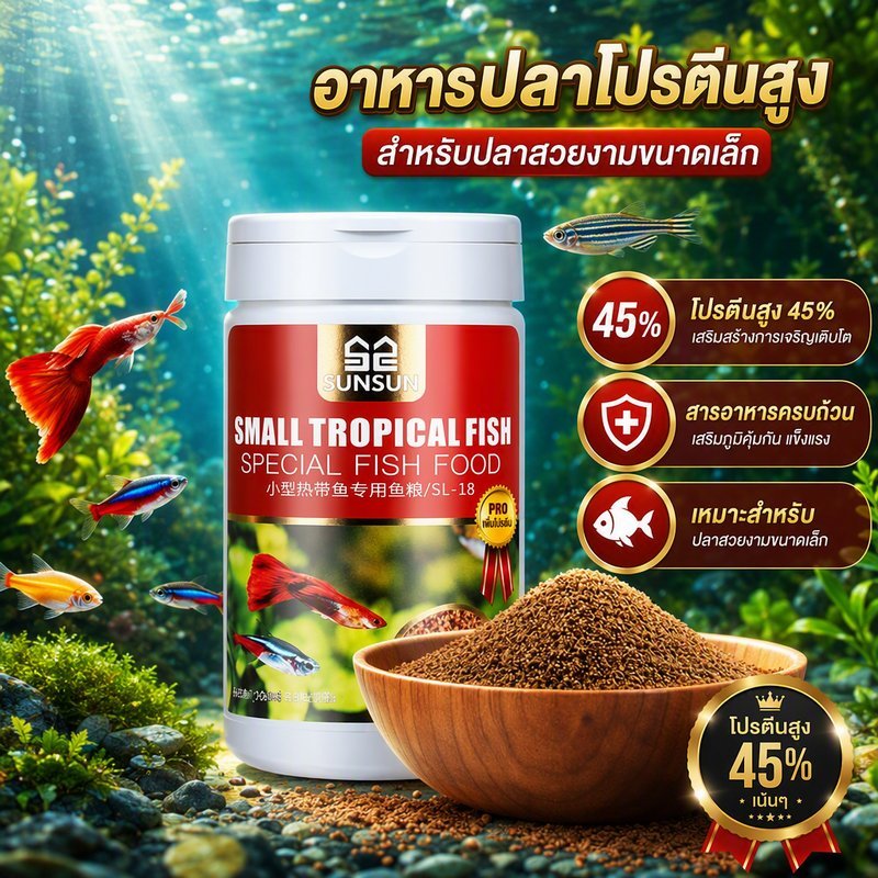 อาหารปลา หางนกยูง 150ML โปรตีนสูง วิตามิน แร่ธาตุ เม็ดจมช้า เลี้ยงปลาสวยงาม ปลาขนาดเล็ก