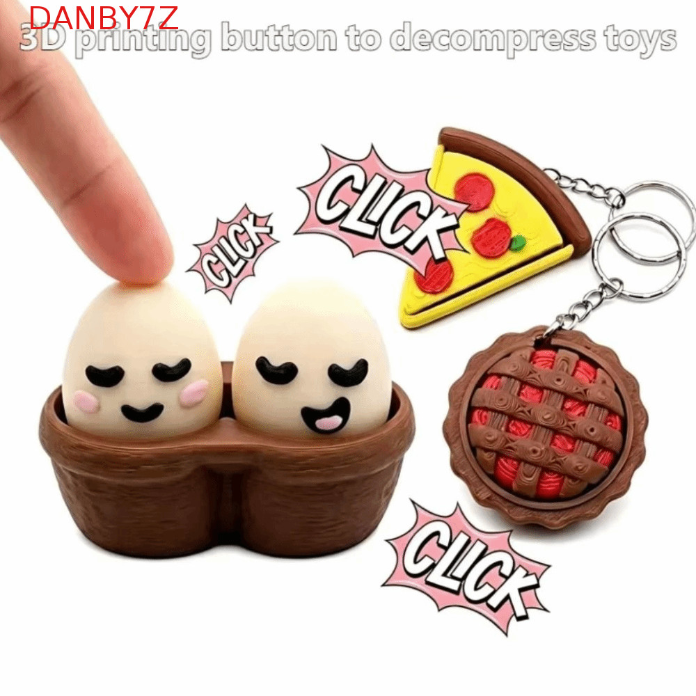 DANBY7Z Foods Clicker Key Chain, 3D พิมพ์ทอดไข่พิซซ่าคุกกี้ Clicker, แฟชั่นจําลองเค้กคู่ไข่ PLA Sens