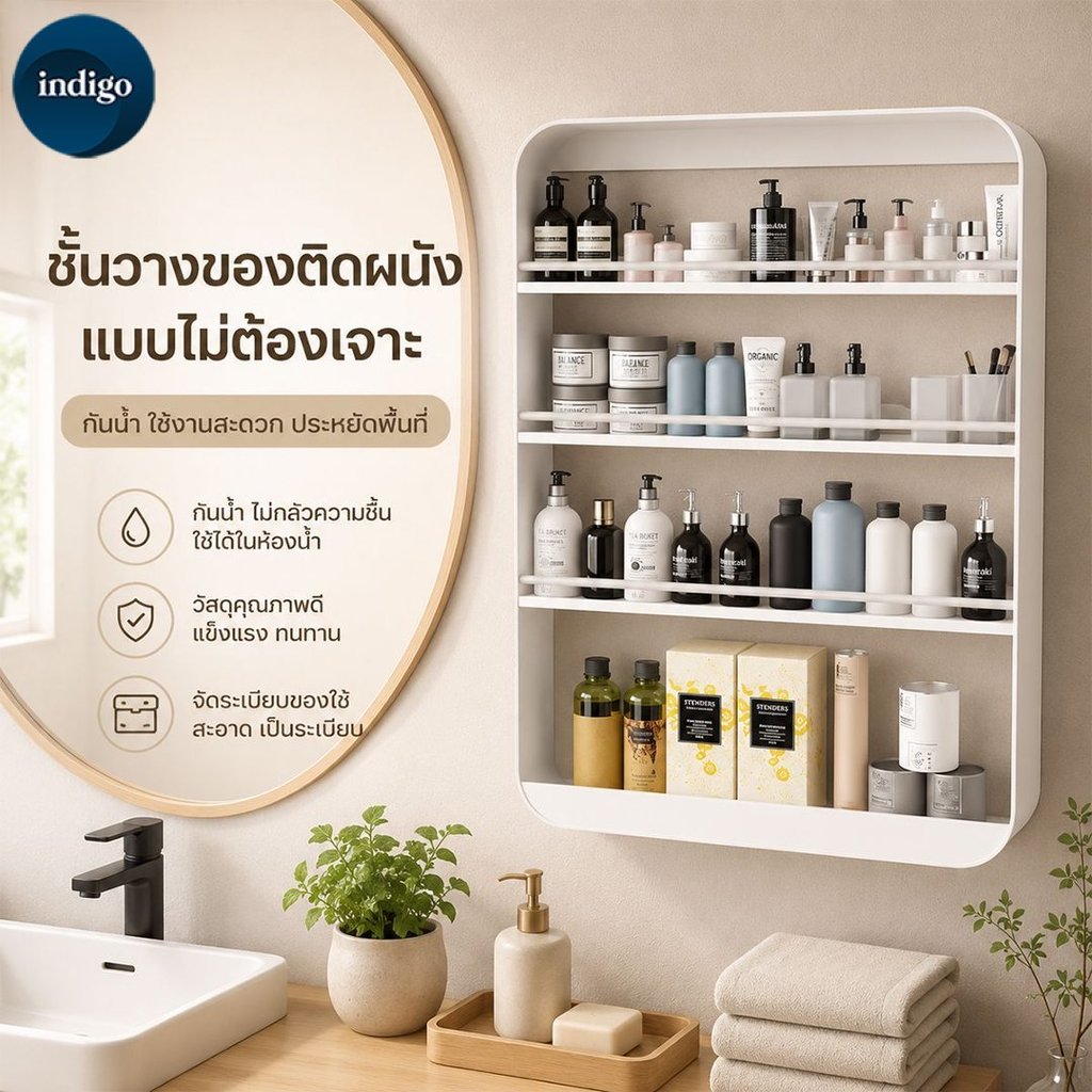 ชั้นวางของติดผนัง ตู้ใส่ของในห้องน้ำ ชั้นวางเครื่องสำอางในห้องน้ำ ชั้นอเนกประสงค์ ไม่ต้องเจาะกำแพง แข็งแรง ไม่หลุดง่าย