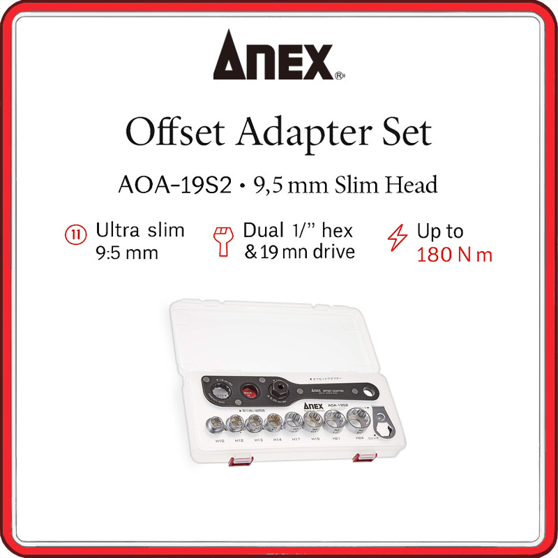 ANEX AOA-19S2 Offset Adapter Socket Set – Ultra-Slim 9.5 mm Head, 8 Metric Sockets, Dual 1/4″ Hex & 