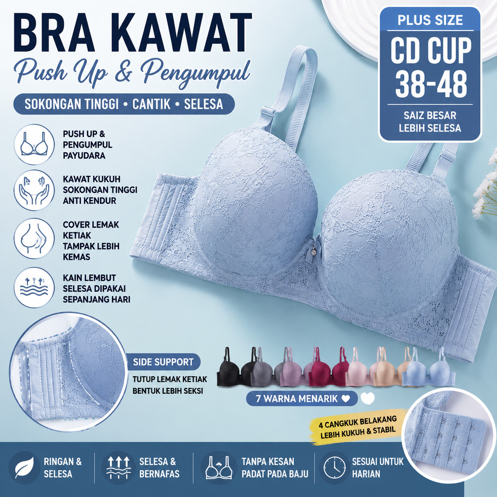 Braplus Elegant Full-Cup Lace Bra 38-48D-G Plus Size Women Underwire Comfort Baju Dalam Wanita Saiz 