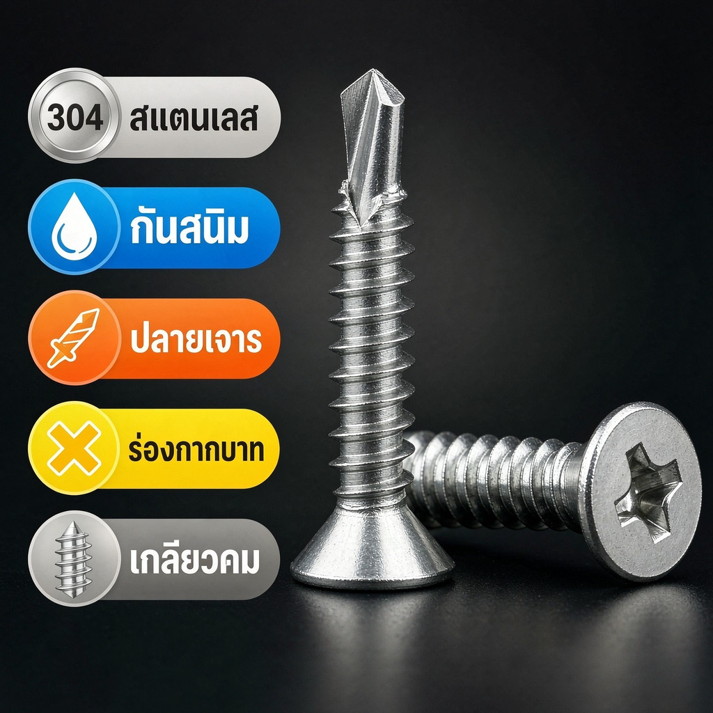 สกรูหัวเตเปอร์ ปลายสว่าน แฉก F+ สแตนเลส 304 #6 #7 #8 #10 Flat Head Phillip Self Drilling Screw SUS41