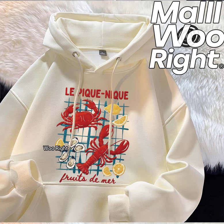 (จัดส่งตลอด 24 ชั่วโมง)Woo Right เสื้อแขนยาว เสื้อฮู้ดมีอักษร LE PIQUE-NIQUE ที่หน้าอก ลายปู กุ้ง