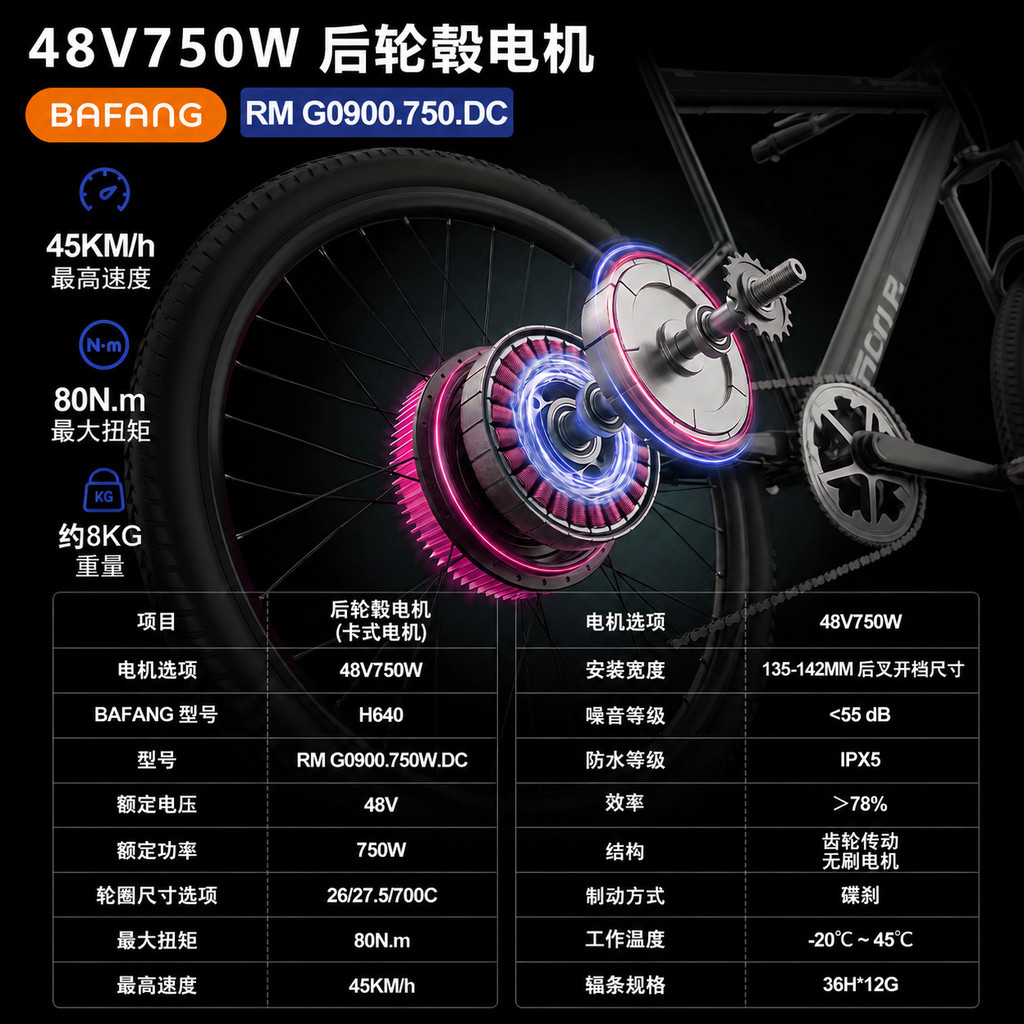 Bafang G0900 ไดรฟ์ด้านหลังมอเตอร์ Cassette 48v750w จักรยานเสือภูเขาดัดแปลงชุดไฟฟ้า