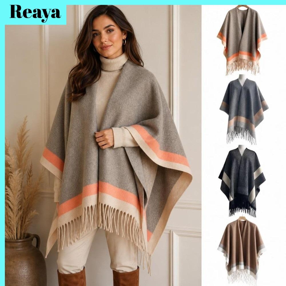 REAYA เปิดด้านหน้า Cape Shawl, Warm ขนาดใหญ่ลายขอบ Poncho, แฟชั่นสบาย Fringed Edge Soft พู่ Poncho W