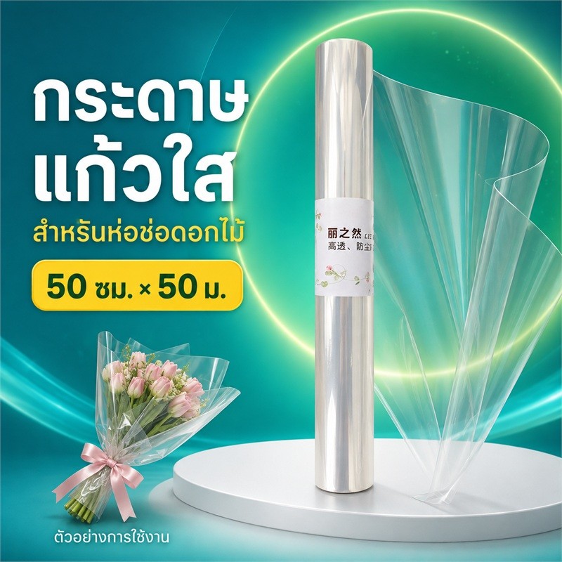 กระดาษแก้วใส-50cm*50m-กระดาษกันฝุ่นกันน้ำหนาพิเศษกระดาษห่อดอกไม้วัสดุช่อดอกไม้กระดาษใสวัสดุจัดดอกไม้