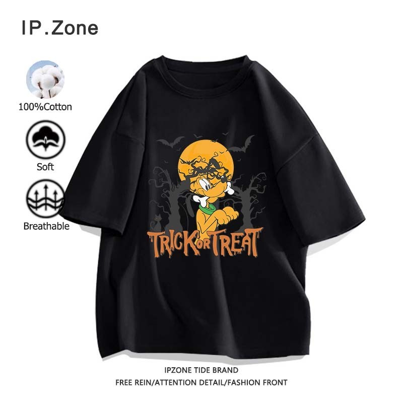 Halloween เสื้อยืดสตรี คอกลม หลวมและสะดวกสบาย ระบายอากาศได้ ลายพิมพ์การ์ตูนน่ารัก สไตล์ลำลอง แนวโน้ม (พร้อมส่ง)