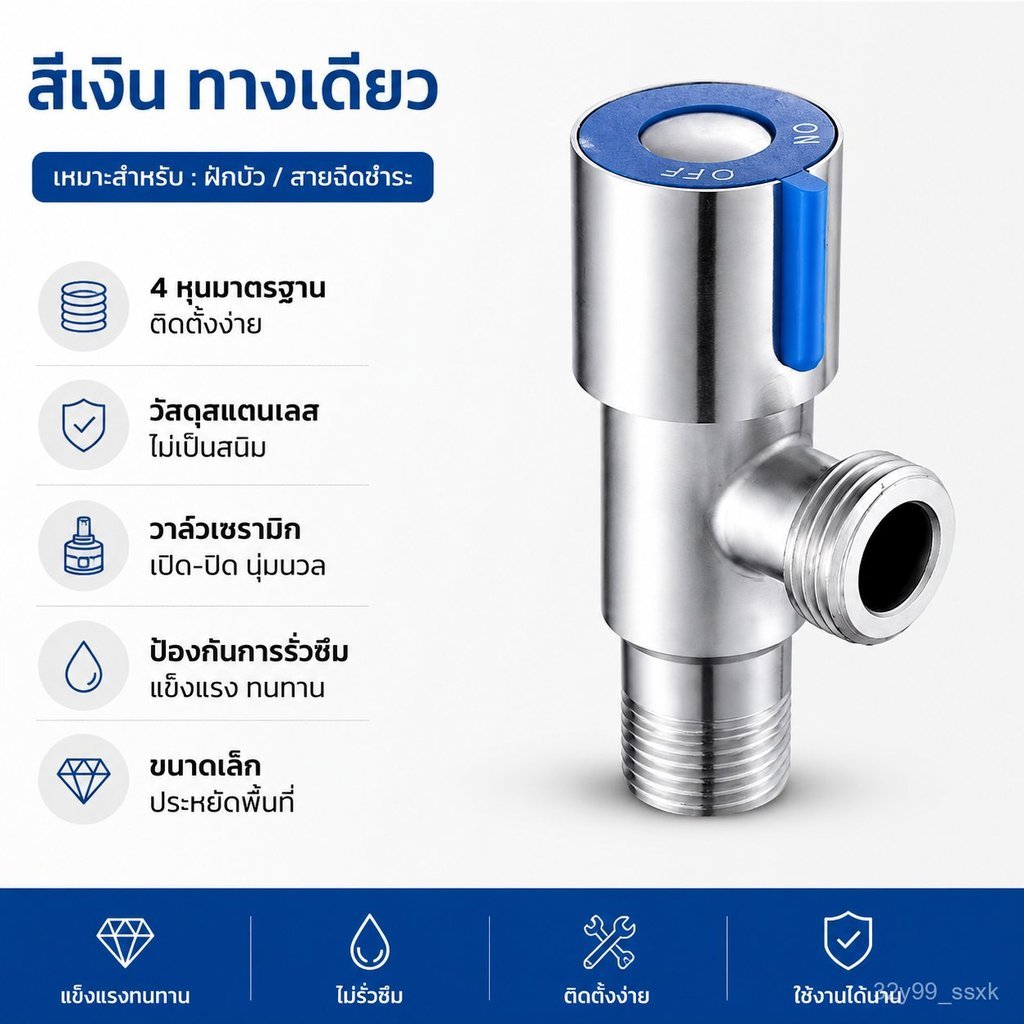 วาล์วมุม2ทางสแตนเลส201 วาล์วปิดน้ำ 4 หุน ทางเข้า1 ทางออก2 กันรั่ว กันระเบิด สำหรับชักโครก เครื่องทำน้ำอุ่น อ่างล้างหน้า