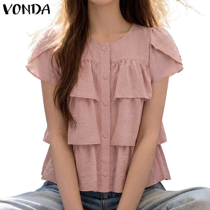 Vonda ผู้หญิงเกาหลีหวาน Tiered Ruffle คอกลม Textured ผ้าเสื้อแขนสั้น Presale