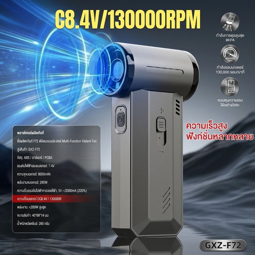 พัดลมเทอร์โบ GXZ-F72 ความเร็วสูง 130,000 RPM แบบ 2in1 เป่าและดูดสูญญากาศ แบตเตอรี่ 8000mAh