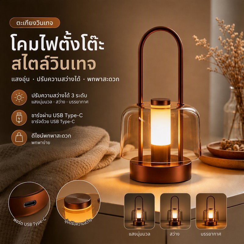 โคมไฟโลหะแก้ว สัมผัสปรับแสง ย้อนยุค พกพา ชาร์จType-C บรรยากาศห้องนอน แคมป์ปิ้ง ตกแต่ง ไฟกลางคืน