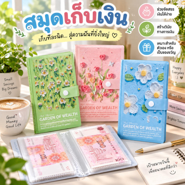 สมุดออมเงิน 100 ใบ ลายสวนดอกไม้ กระดุมกด สมุดเก็บเงิน พกง่าย ขนาดกะทัดรัด เก็บธนบัตรเป็นระเบียบ เหมาะเป็นของขวัญ