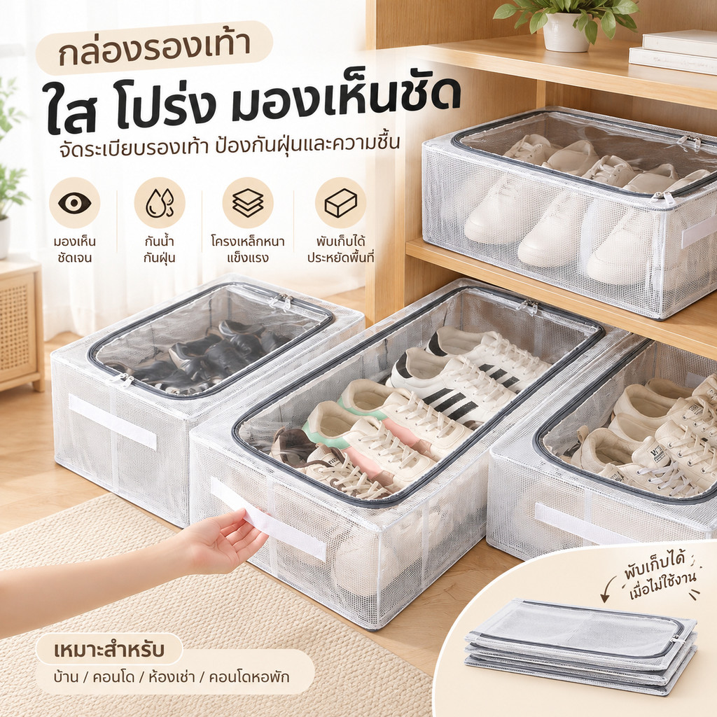 HOKEMP กล่องเก็บรองเท้าใต้เตียง ใส กันฝุ่น พับได้ กล่องใส่รองเท้าบูท กล่องเก็บรองเท้าประหยัดพื้นที่