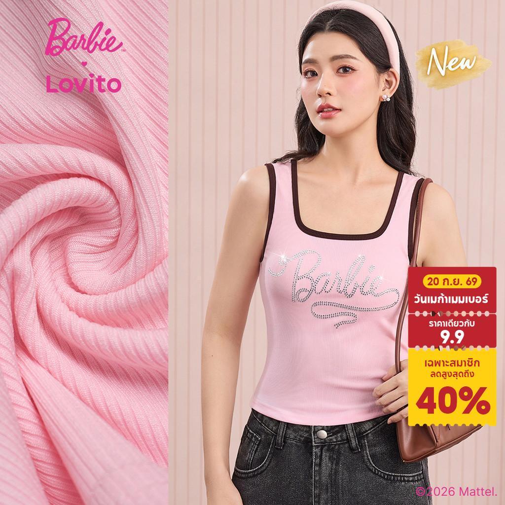 (New Arrival) Barbie™ X Lovito เสื้อลําลองผู้หญิง สีชมพู ลายผ้าคอนทราสต์ประดับเพชรเทียม เหมาะสําหรับฤดูใบไม้ผลิและฤดูร้อน TKBL6PAD008