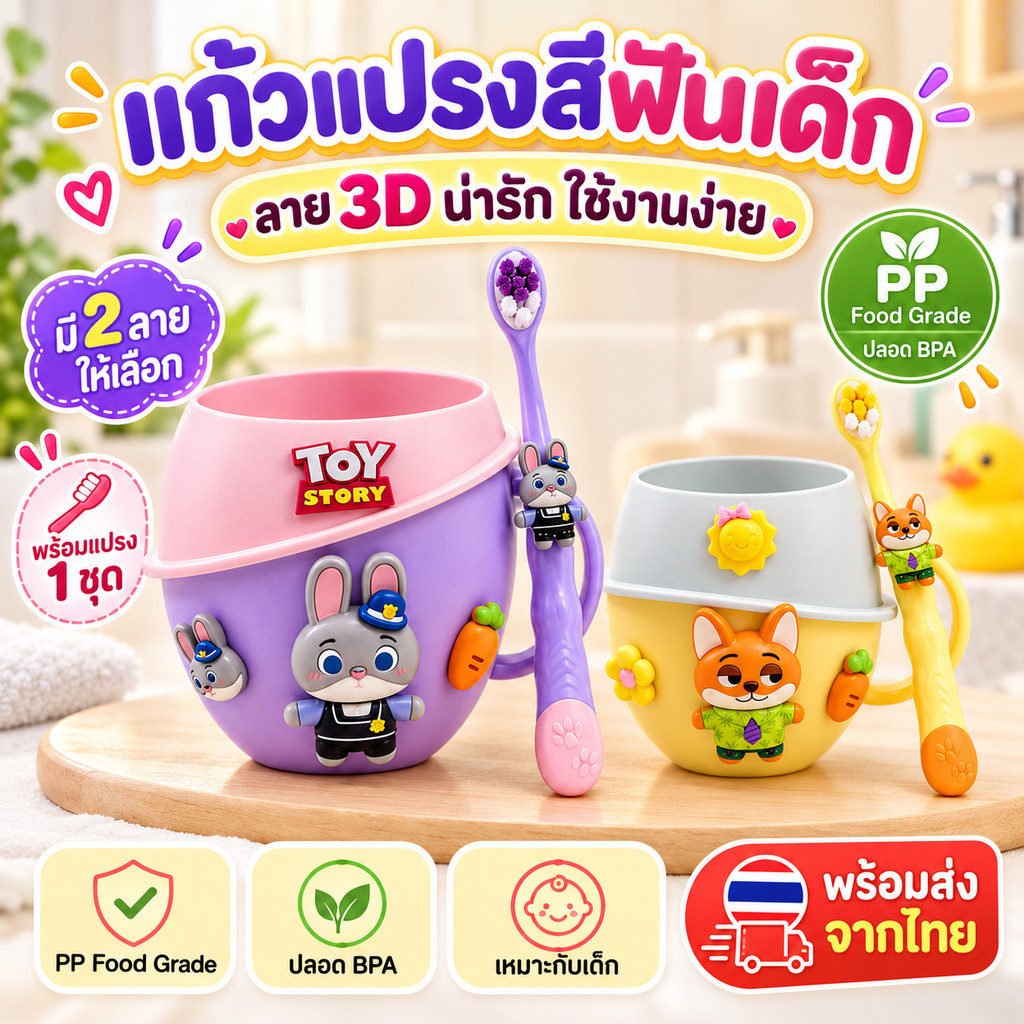 ส่งไว🔥ชุดแก้วแปรงสีฟันสำหรับเด็ก ลายการ์ตูนซูโทเปีย ดีไซน์น่ารัก มีแก้วสำหรับบ้วนปากพร้อมแปรงสีฟันในตัว