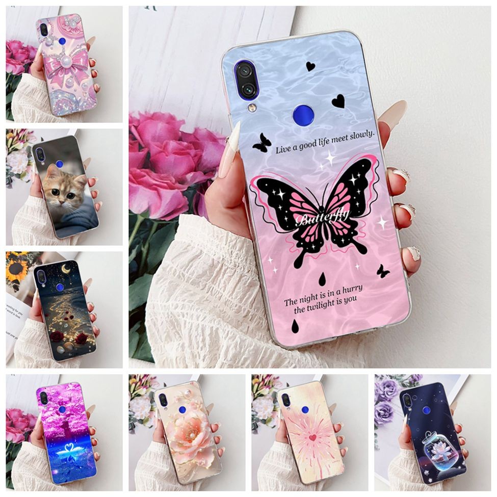 Clear สําหรับ Redmi หมายเหตุ 7 4G กรณีแฟชั่นหรูหราดอกไม้น่ารักแมวตลกทาสีปลอกอ่อน M1901F7G M1901F7H M