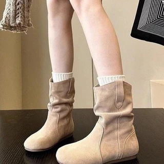 รองเท้าบูทหุ้มข้อหัวกลมสำหรับผู้หญิง รองเท้าบูทสั้นแฟชั่น สวมใส่สบายและไม่ลื่น