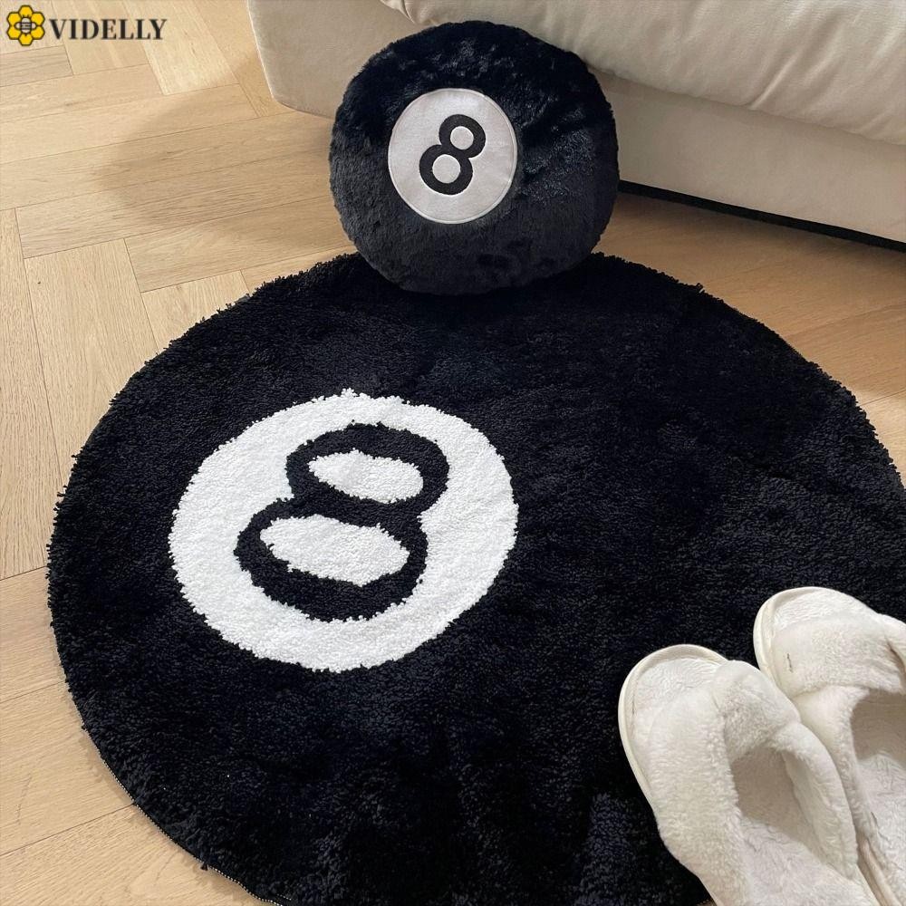 VIDELLY 8 Ball Rug, Anti-slip Soft 8 Ball พรม, Creative Plush สีดํารอบ 8 Ball Mat Hoom Decor