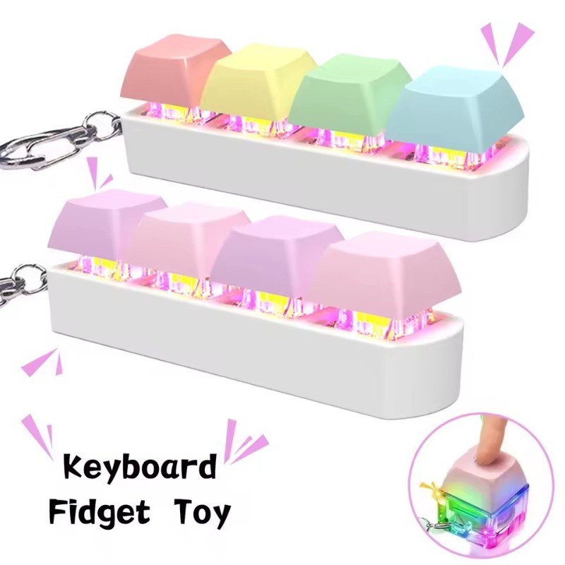 คีย์บอร์ด ของเล่นอยู่ไม่สุขพร้อมไฟ LED คีย์บอร์ด Fidget พวงกุญแจ 4-in-1 คีย์บอร์ดปุ่มบีบอัดของเล่นของขวัญเพื่อน