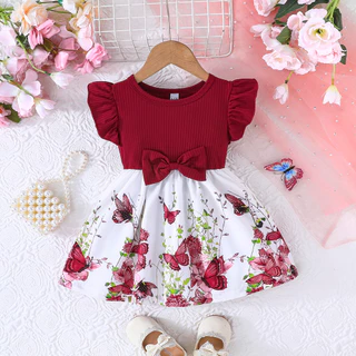 ส่งจากไทย เดรสทารกหญิง 3เดือน-3ขวบ ลายผีเสื้อ สีแดงไวน์ สำหรับวันเกิด วันเด็ก ของขวัญ