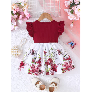ส่งจากไทย เดรสทารกหญิง 3เดือน-3ขวบ ลายผีเสื้อ สีแดงไวน์ สำหรับวันเกิด วันเด็ก ของขวัญ