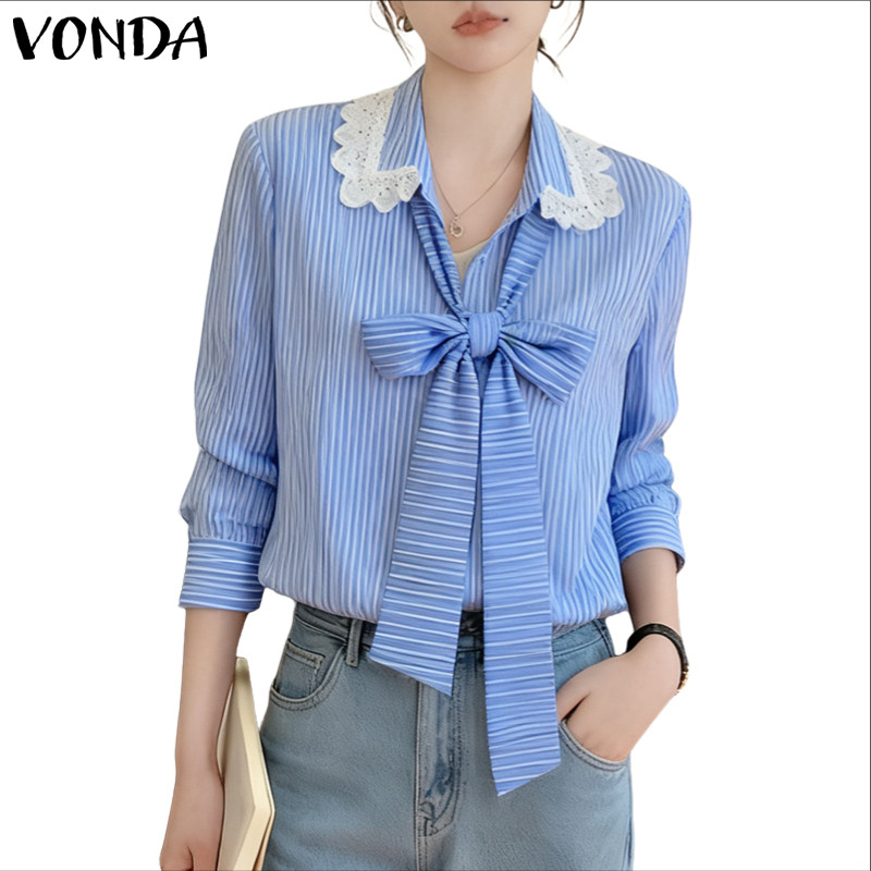 VONDA เสื้อผ้าผู้หญิงสไตล์เกาหลี ดีไซน์โบว์และลายทาง สไตล์หรูหราสำหรับการเดินทาง