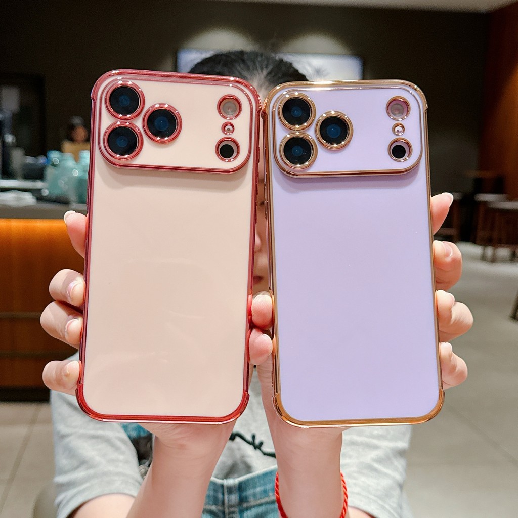 กรณีกันกระแทกสีเรียบ เคลือบโครเมี่ยม ยางนิ่มหุ้มเครื่อง สำหรับ iPhone 17Promax 16 15plus 14 13 12
