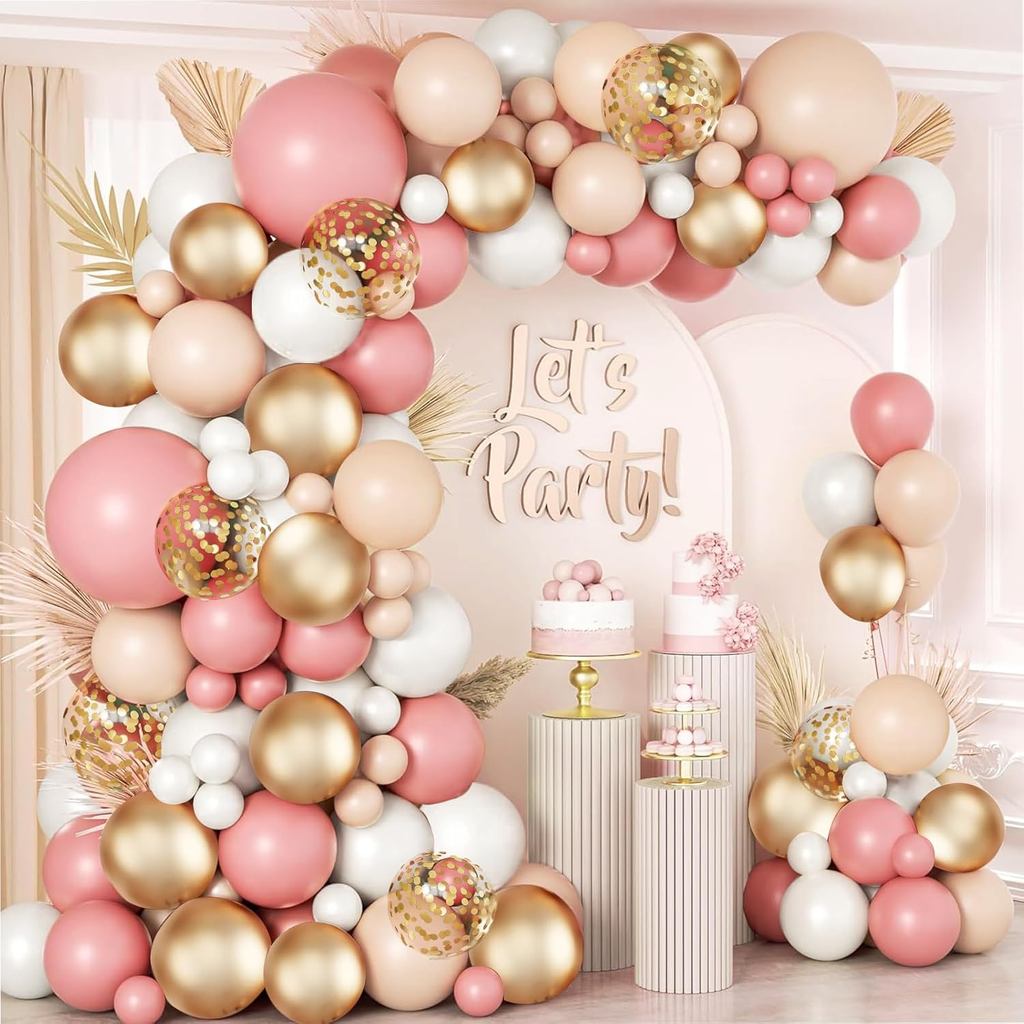 เซ็ตลูกโป่งสีชมพูทอง พาสเทล โบโฮ สำหรับงานแต่ง งานวันเกิด Bridal Shower 144 ชิ้น