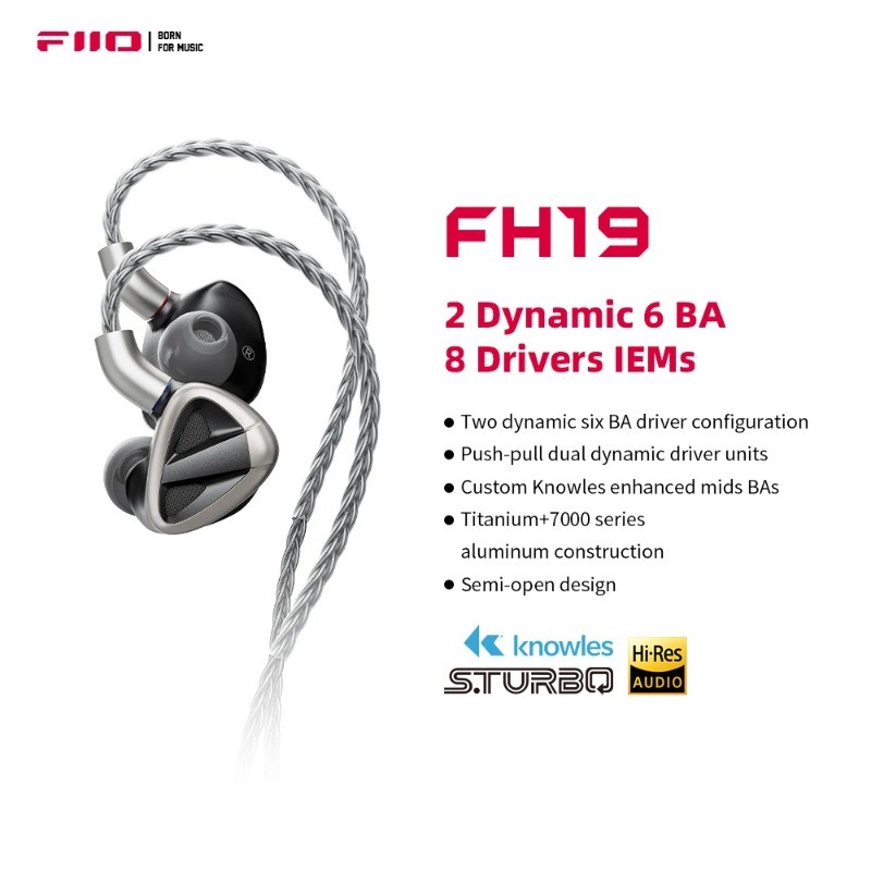 หูฟัง FiiO FH19 HiFi IEM| 2 Dynamic + 6 BA Hybrid Driver IEM, สายหูฟัง MMCX แบบถอดได้สําหรับ Musicia
