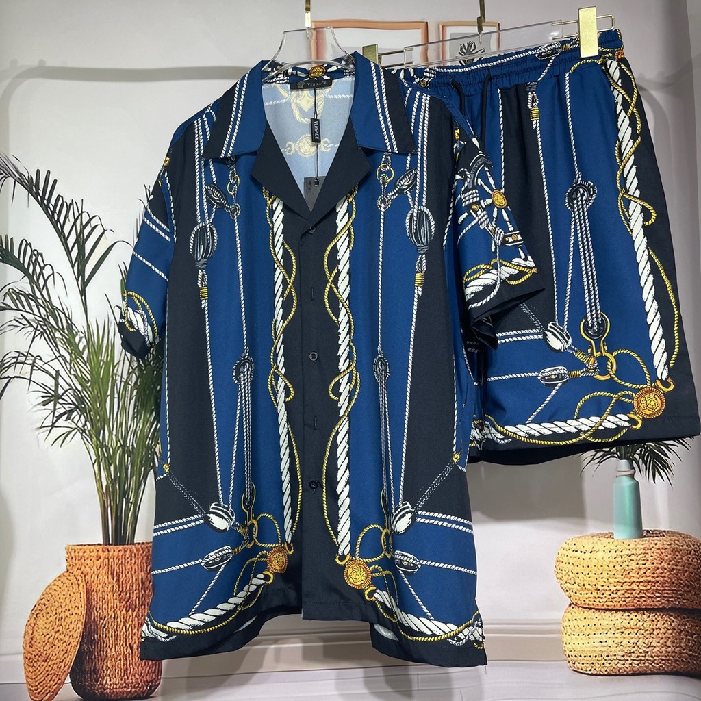 IUQH Versace VE Summer New Men's Short Sleeve Shirt Set Shorts Export Exclusive Trendy Cardigan Spot