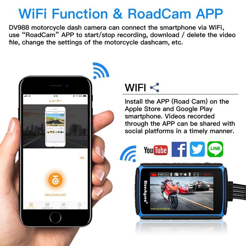Blueskysea DV988 กล้อง WiFi Dash สําหรับรถจักรยานยนต์พร้อม Touch Scr