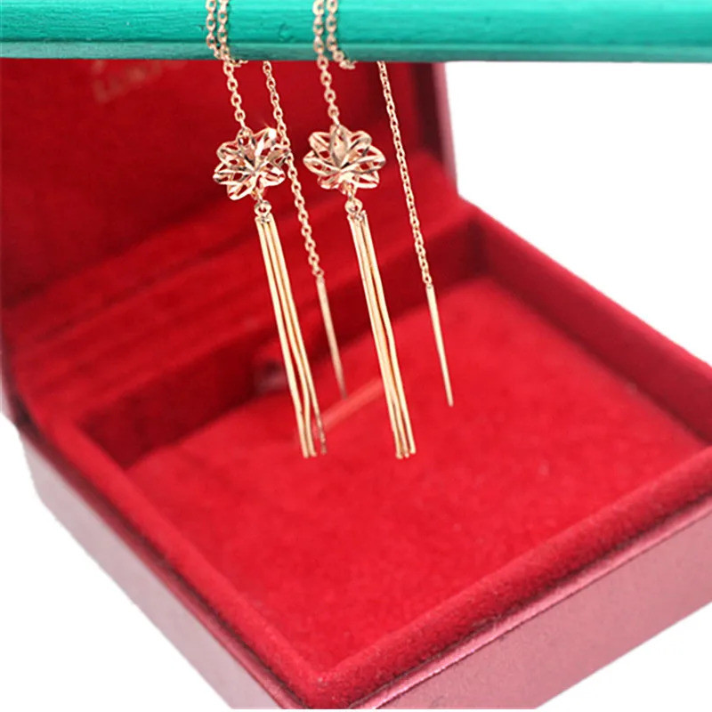 New 585 purple gold flower tassel earrings for women fashion 14K rose gold plated long chain Ear lin
