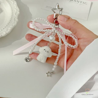 สายคล้องโทรศัพท์Flocking ลูกสุนัขมุกโบว์โทรศัพท์จี้น่ารักอเนกประสงค์โซ่โทรศัพท์พวงกุญแจหวานสายคล้องมือPhone Chain