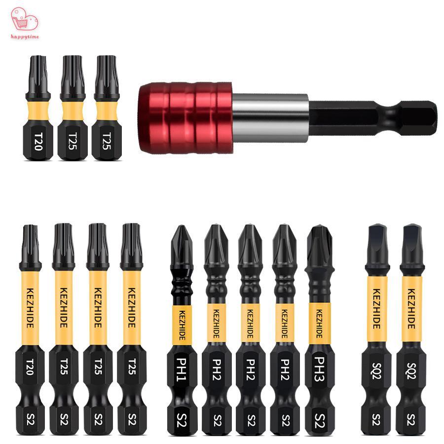 ชุดดอกไขควงกันกระแทก 15 ชิ้น - T20 T25 PH1 PH2 PH3 SQ2 แม่เหล็กที่แข็งแกร่ง