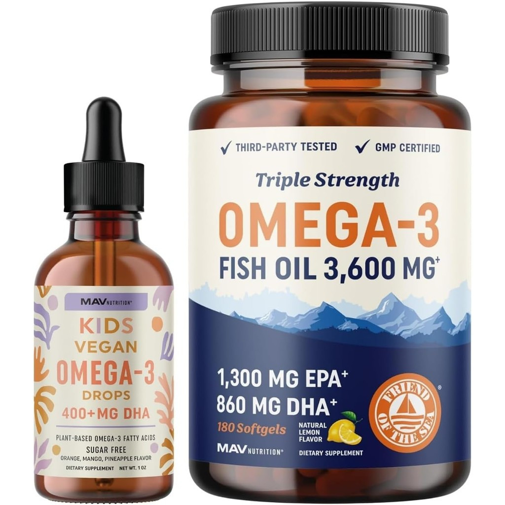 Omega 3 Fish Oil Softgels and Omega 3 Liquid Drops for Kids | EPA, DHA & Algae Oil for Heart, Brain,