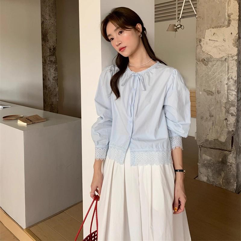 Red Berryเสื้อเชิ้ตแขนพองถักโครเชต์ลูกไม้คอกลมผูกโบว์สไตล์ฝรั่งเศสสำหรับผู้หญิงฤดูใบไม้ร่วงใหม่99230