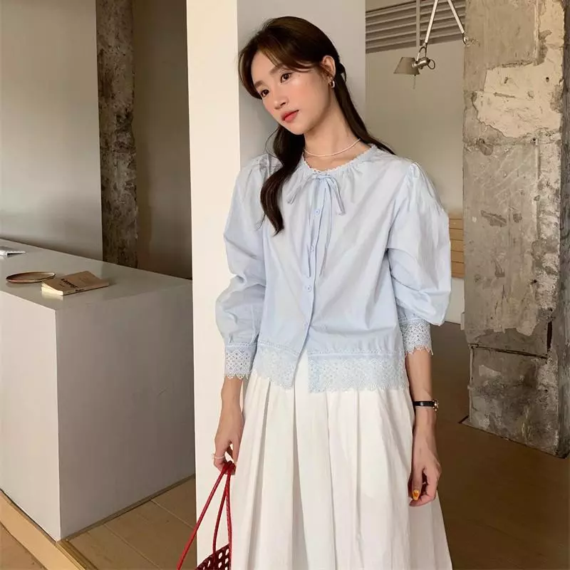 Red Berryเสื้อเชิ้ตแขนพองถักโครเชต์ลูกไม้คอกลมผูกโบว์สไตล์ฝรั่งเศสสำหรับผู้หญิงฤดูใบไม้ร่วงใหม่99230