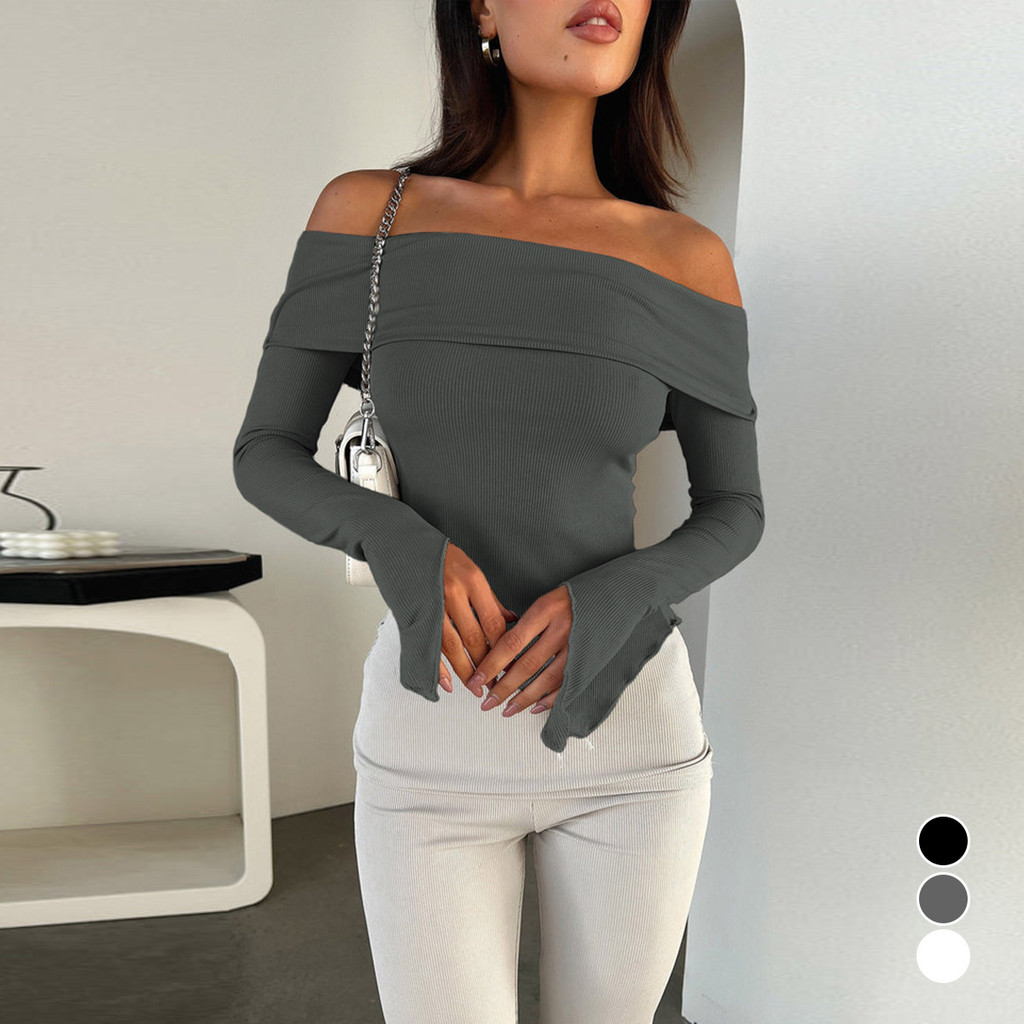 Feel Neck Strapless Long-Sleeved Top เสื้อยืดผู้หญิง Base FL10.29