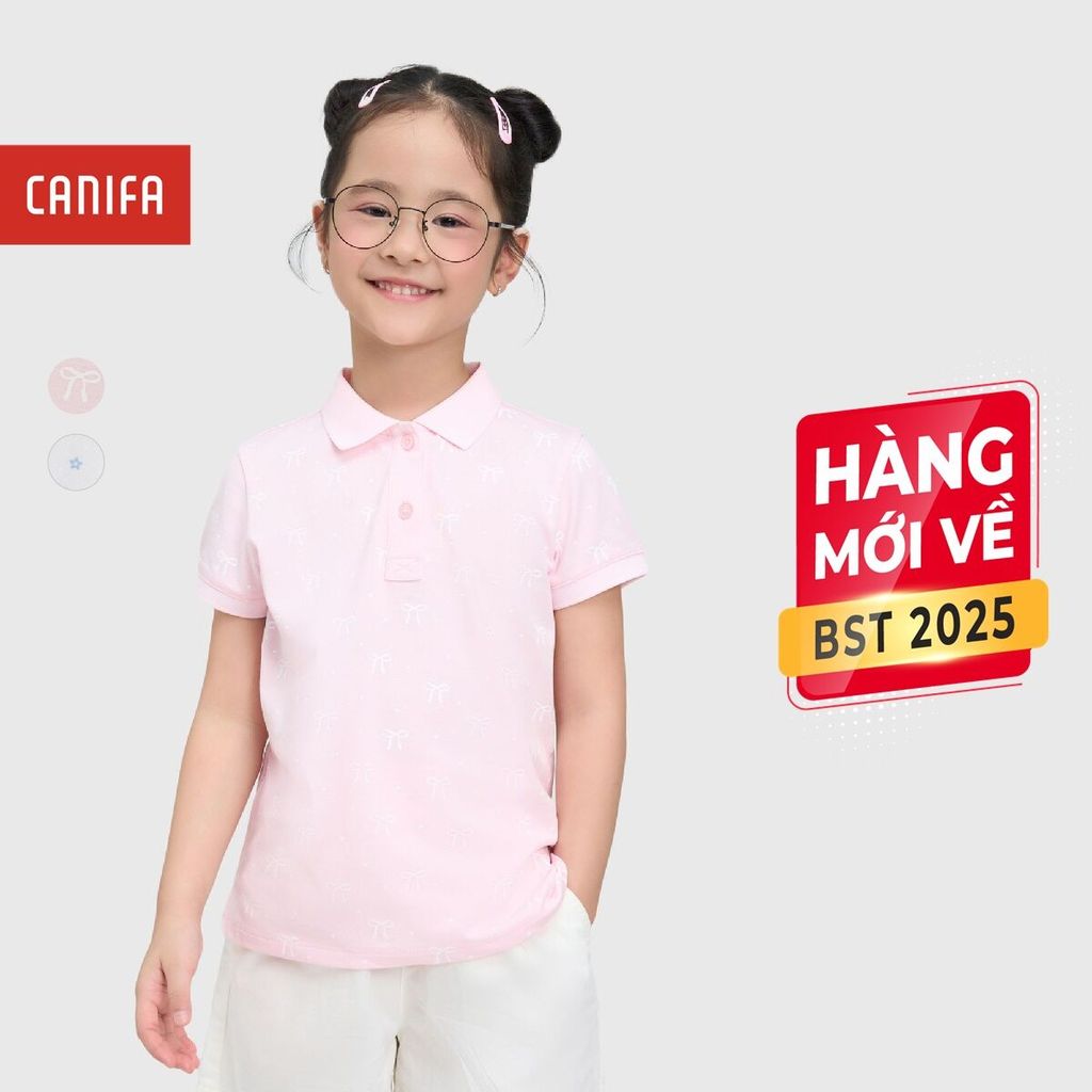 CANIFA เสื้อโปโลเด็กผู้หญิงพิมพ์ลายคอปกและแขน 1TP25S001