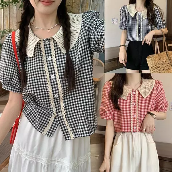 mimi&didi#เสื้อเชิ้ตคอปกเด็กสีดำลายสก็อตหลวมแขนสั้นสำหรับผู้หญิง หวานและน่ารัก#w678