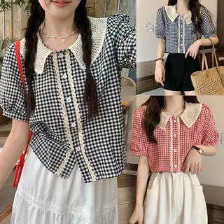 mimi&didi#เสื้อเชิ้ตคอปกเด็กสีดำลายสก็อตหลวมแขนสั้นสำหรับผู้หญิง หวานและน่ารัก#w678