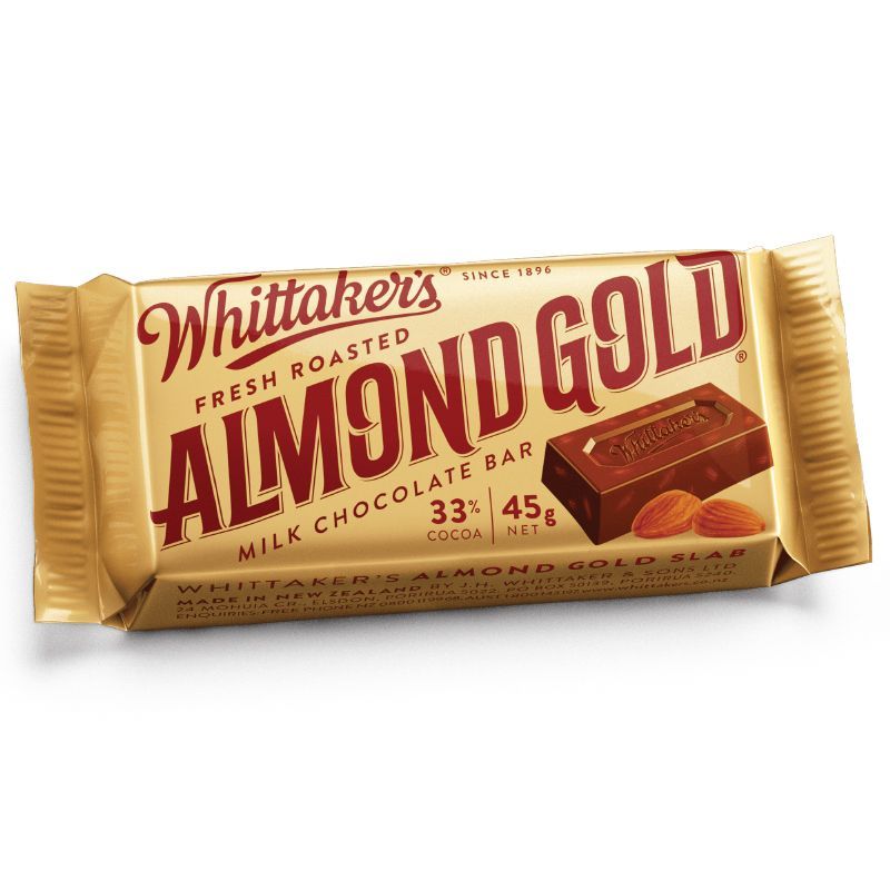 วิทแทคเกอร์อัลมอนด์โกล์ดมิลค์ช็อกโกแลต 45ก Whittakers Almond Gold Milk Chocolate 45g [หมายเลขบาร์โค้ด 0000094314243 ]